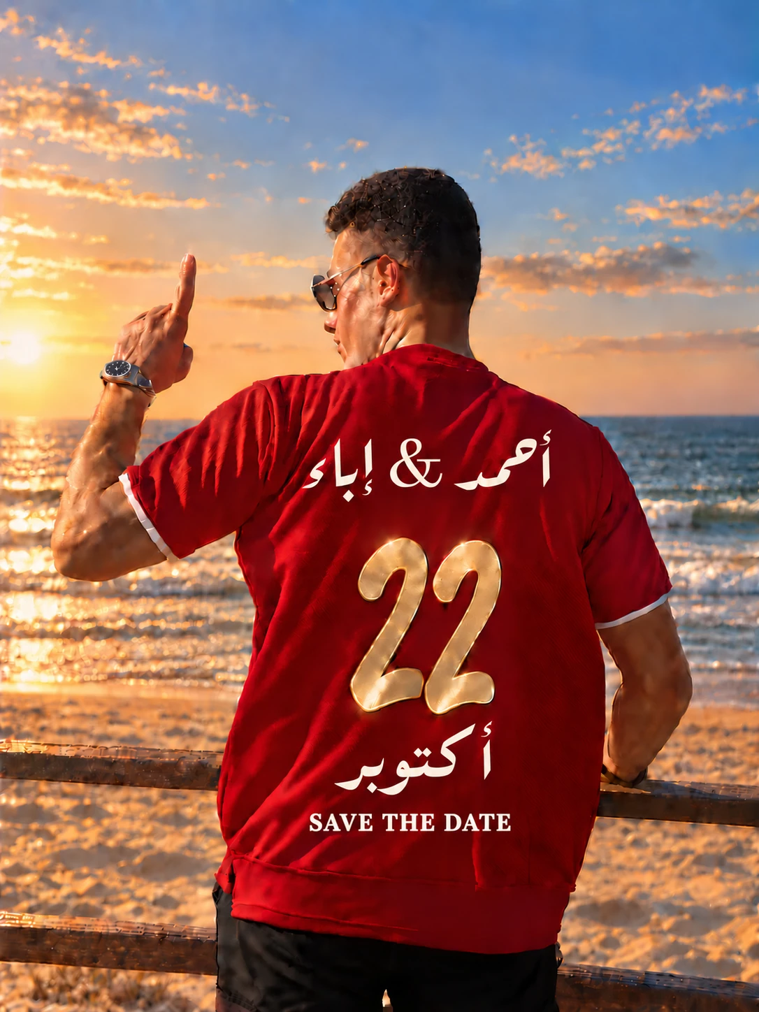 أحمد أمام البحر وقت الغروب، وعلى قميصه أحمد وإباء ورقم ٢٢ الذهبي وأكتوبر وSave the Date
